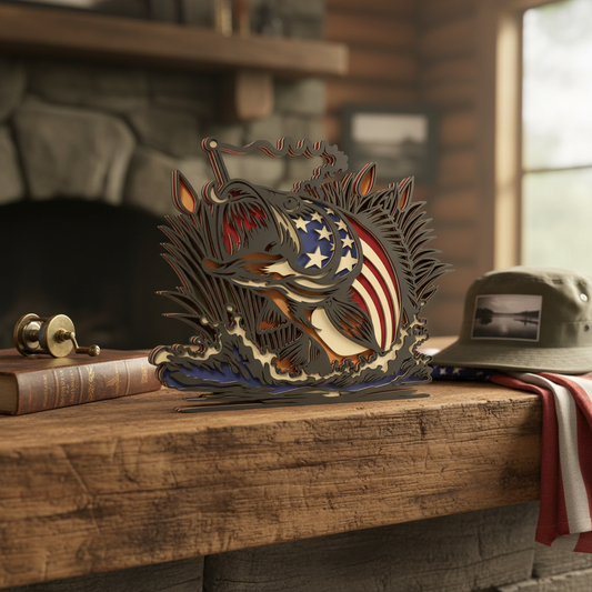 Patriotic Fishing SVG Bundle | Layered Bass Fish Laser Cut Files | American Flag Fish Decor SVG | Fisherman Gift Wood Sign Designs for Glowforge, xTool & CNC