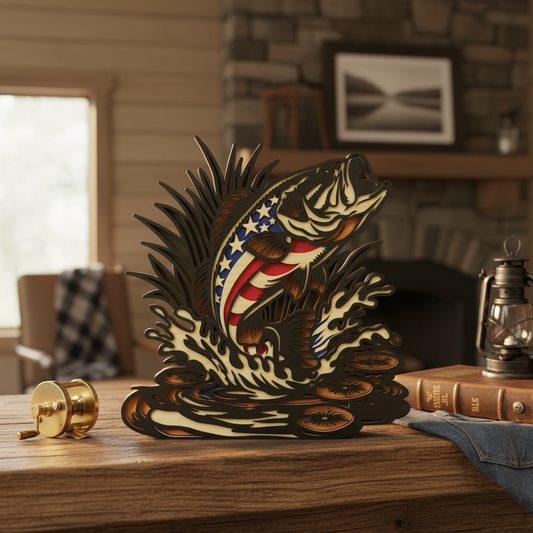 Patriotic Bass Fish SVG Bundle | Layered Fishing Decor Laser Cut Files | American Flag Bass Wood Sign SVG | Fisherman Trophy Display Design for Glowforge, xTool & CNC