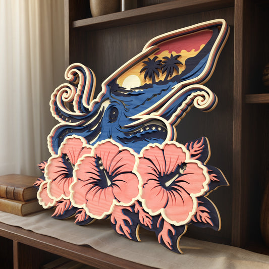 Layered Squid SVG | Tropical Ocean Squid Laser Cut SVG | 3D Sea Life Wooden Decor | Hibiscus Coastal Shelf Art SVG | Glowforge xTool CNC SVG File