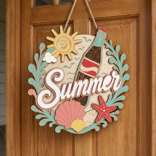 Summer Beach Welcome Sign SVG | Layered Coastal Door Hanger Laser Cut File | Vintage Soda & Seashell Summer Decor for Glowforge, xTool & CNC