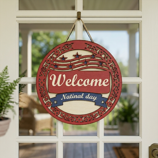Patriotic Welcome Door Sign SVG | National Day Round Door Hanger Laser Cut File | Layered USA Welcome Decor for Glowforge, xTool & CNC