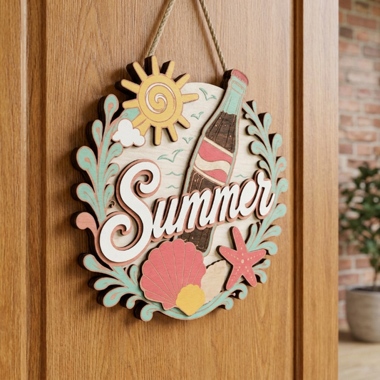 Summer Beach Welcome Sign SVG | Layered Coastal Door Hanger Laser Cut File | Vintage Soda & Seashell Summer Decor for Glowforge, xTool & CNC