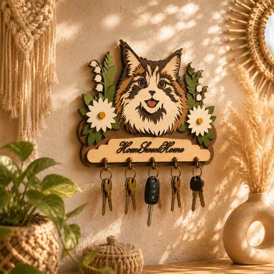 Multilayer Longhair Cat Key Holder Home Sweet Home Sign Floral Universal Vector Design for All Laser Cutters xTool Glowforge CNC