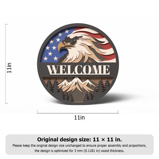 Patriotic Eagle Welcome Sign SVG | Layered Round Door Hanger Laser Cut File | American Flag Wood Decor DXF