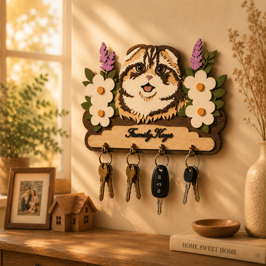 Multilayer Persian Cat Key Holder Family Keys Sign Floral Universal Vector Design for All Laser Cutters xTool Glowforge CNC