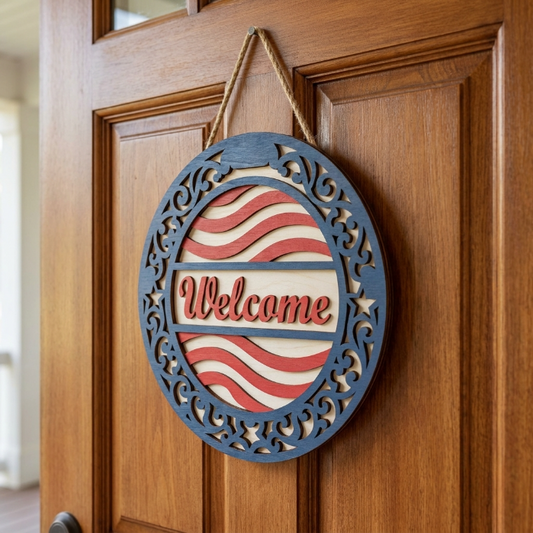 Patriotic Welcome Door Sign SVG | Layered American Flag Welcome Round Sign | USA Front Door Hanger for Glowforge, xTool & CNC