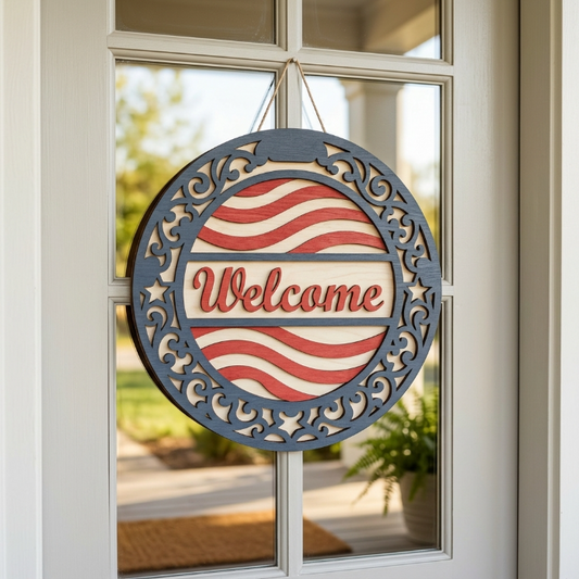 Patriotic Welcome Door Sign SVG | Layered American Flag Welcome Round Sign | USA Front Door Hanger for Glowforge, xTool & CNC