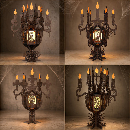 3D Halloween Candelabra Candle Holder Spooky Skull Grim Reaper Pumpkin Bundle Laser Cut Vector Design for Glowforge Table Decor