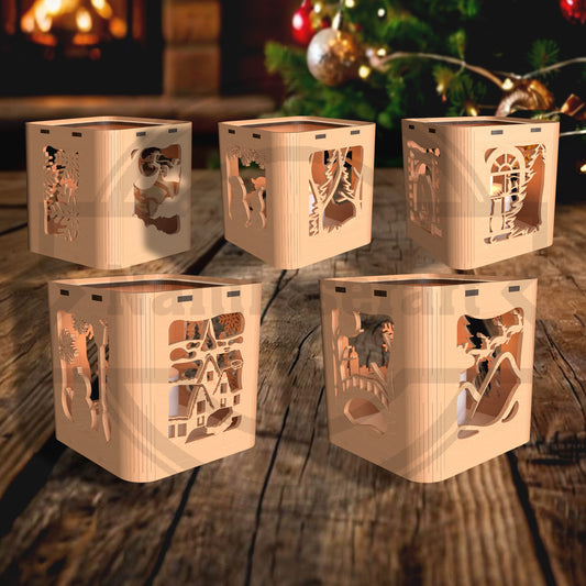 Christmas Lantern SVG Bundle | Layered Christmas Candle Holder Laser Cut Files | Winter Village Lantern Set for Glowforge, xTool, LightBurn & CNC