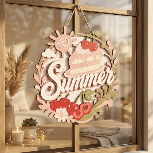 Cherry Cake Summer Sign SVG | Layered Summer Door Hanger Laser Cut File | Sweet Dessert Welcome Decor for Glowforge, xTool & CNC