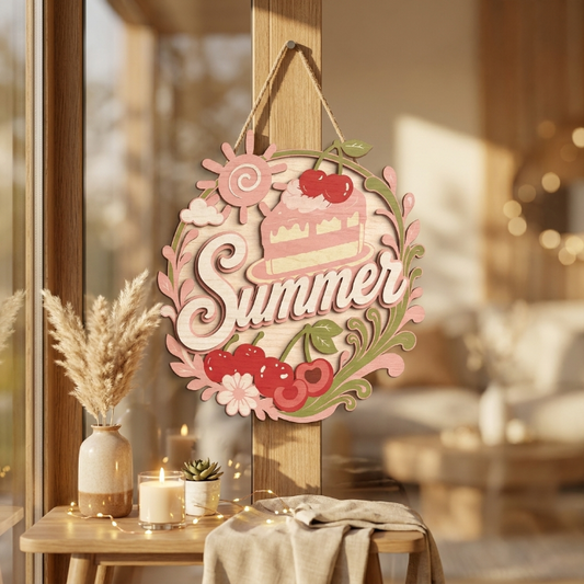 Cherry Cake Summer Sign SVG | Layered Summer Door Hanger Laser Cut File | Sweet Dessert Welcome Decor for Glowforge, xTool & CNC