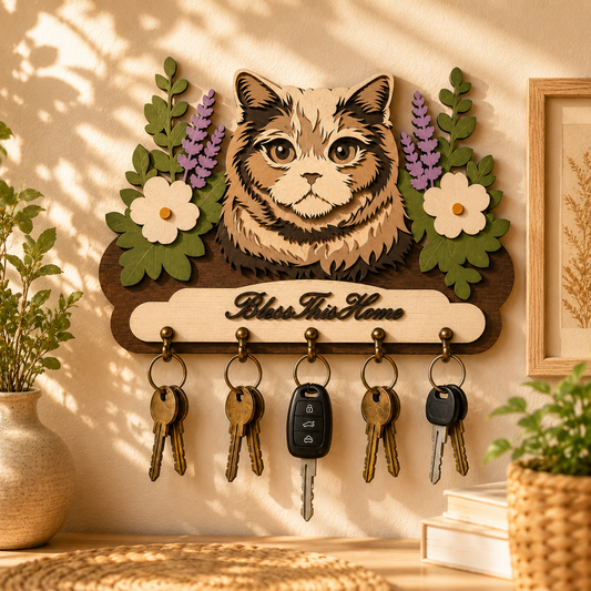 Multilayer Fluffy Cat Key Holder Bless This Home Sign Floral Universal Vector Design for All Laser Cutters xTool Glowforge CNC