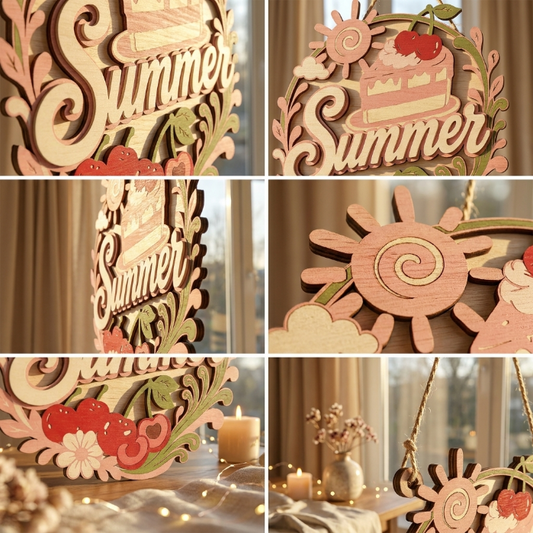 Cherry Cake Summer Door Hanger SVG | Layered Dessert Welcome Sign Laser Cut File | Sweet Cherry Summer Decor for Glowforge, xTool & CNC