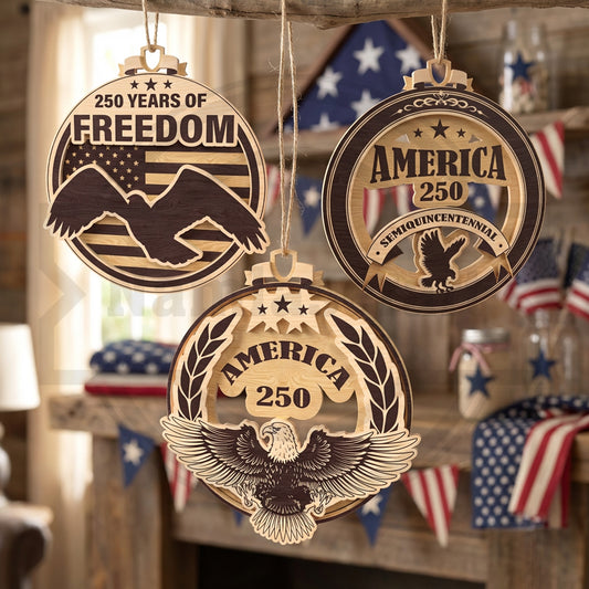 America 250 SVG Bundle | Patriotic Freedom Ornament Laser Cut Files | US Semiquincentennial Eagle & Flag Decor for Glowforge, xTool & CNC