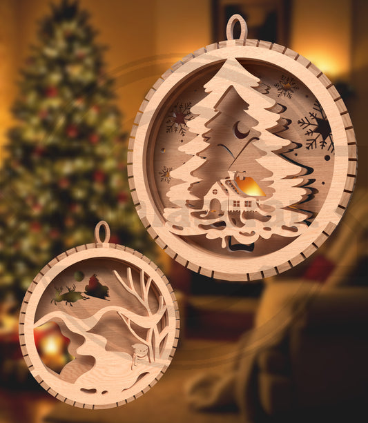 Christmas Village Ornament SVG Bundle | Layered Christmas Scene Bauble Laser Cut Files | Winter Village & Nativity Ornament Set for Glowforge, xTool & LightBurn