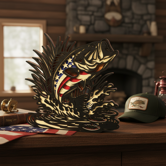 Patriotic Bass Fish SVG Bundle | Layered Fishing Decor Laser Cut Files | American Flag Bass Wood Sign SVG | Fisherman Trophy Display Design for Glowforge, xTool & CNC