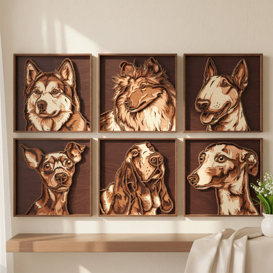 Dog Portrait Wall Art SVG Bundle Vol. 2 | Layered Wooden Pet Portrait Laser Cut Files | Dog Lover Home Decor for Glowforge, xTool & CNC