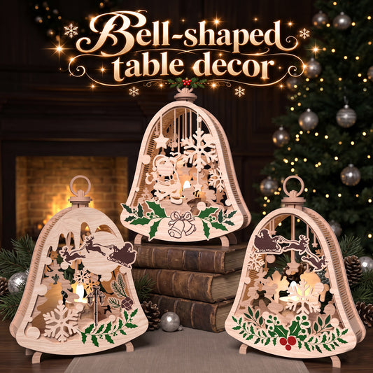 Bell Shaped Christmas Lantern Bundle, 3 Wooden Laser Cut Table Decor, Santa Sleigh Winter Tealight Holder, Digital Download