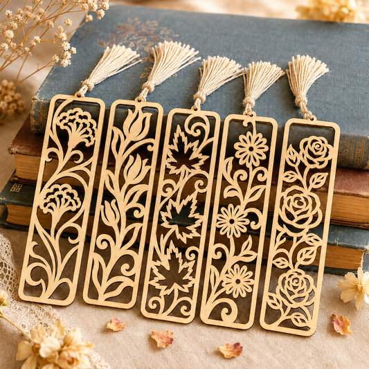 SVG DXF File Floral Flower Wooden Bookmark Bundle Laser Cut Vector Design for Glowforge 3D Wood | CUTSVG.COM