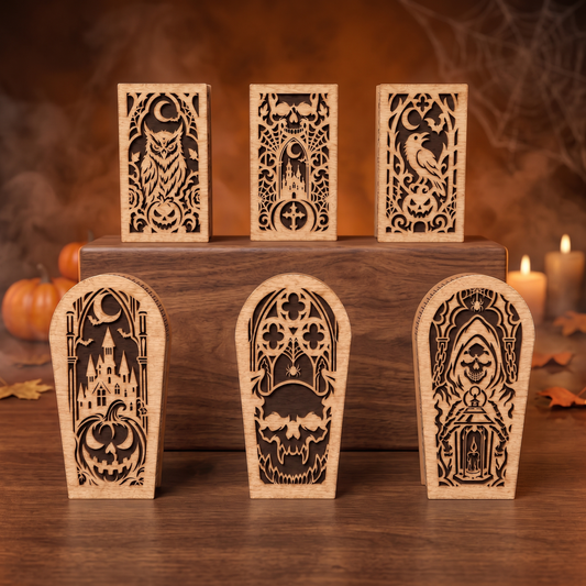 3D Halloween Coffin Candy Box Lantern Spooky Skull Raven Owl Pumpkin Bundle Laser Cut Vector Design for Glowforge Table Decor