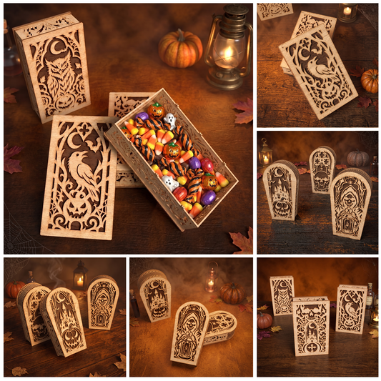 3D Halloween Coffin Candy Box Lantern Spooky Skull Raven Owl Pumpkin Bundle Laser Cut Vector Design for Glowforge Table Decor