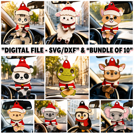 SVG DXF File Christmas Car Ornament Laser Cut Cute Animal Bundle Design for Glowforge 3D Wood | CUTSVG.COM