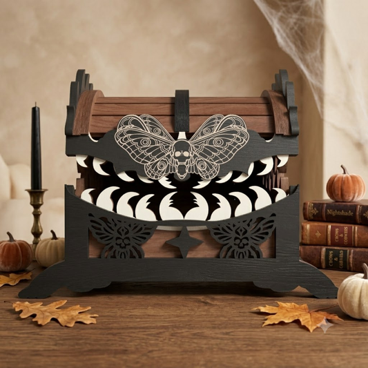 3D Halloween Gothic Mimic Dice Chest Box Vampire Bat Moth Bundle Laser Cut Wood Holder Design for Glowforge Table Decor