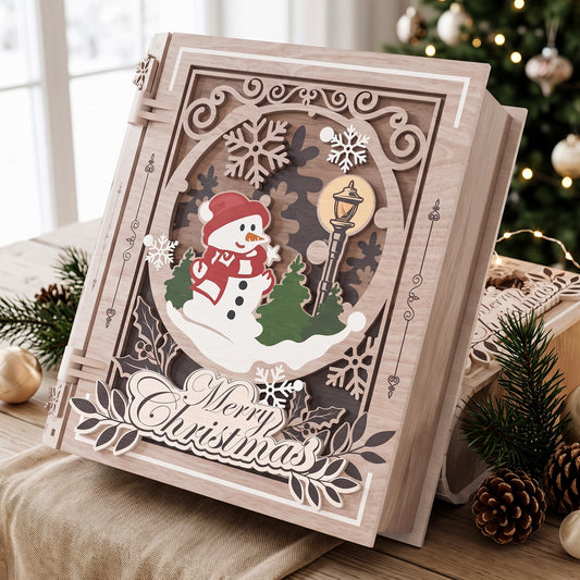 Christmas Keepsake Book Box Laser Cut File, Snowman Wooden Memory Box, Holiday Gift Box, Book Shaped Christmas Decor, Digital Download