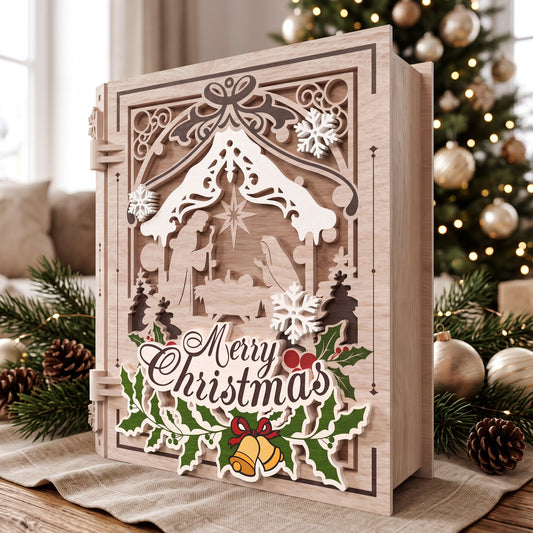 Christmas Nativity Keepsake Book Box Laser Cut File, Wooden Holiday Memory Box, Christian Christmas Gift Box, Digital Download