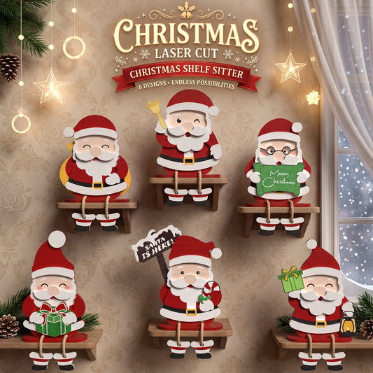 Santa Christmas Shelf Sitter Laser Cut Bundle, 6 Wooden Holiday Table Decor Digital Designs