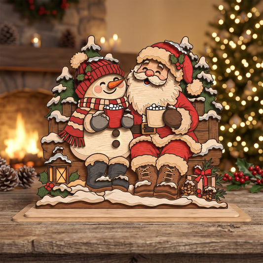 Christmas Santa Snowman Standee Laser Cut, Hot Cocoa Winter Tabletop Decor, Holiday Wood Scene Digital Download
