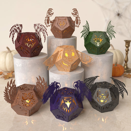 3D Geometric Halloween Monsters Lantern Tea Light Holder Cute Bat Dragon Owl Wolf Bundle Laser Cut Vector Design for Glowforge Table Decor