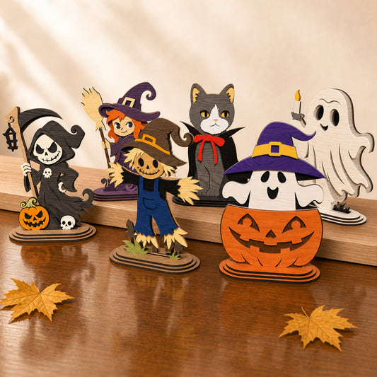 3D Halloween Layered Stand Ornament Cute Ghost Witch Scarecrow Bundle Laser Cut Vector Design for Glowforge Table Decor