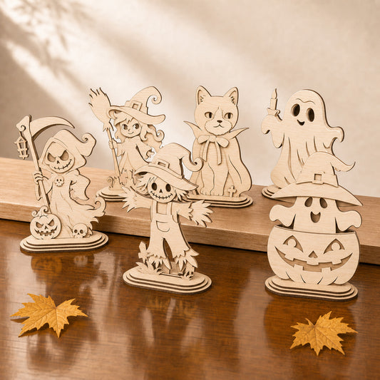 3D Halloween Layered Stand Ornament Cute Ghost Witch Scarecrow Bundle Laser Cut Vector Design for Glowforge Table Decor