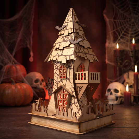 3D Halloween Haunted Tower Light Box Spooky Graveyard Castle Laser Cut Vector Design for Glowforge Table Decor
