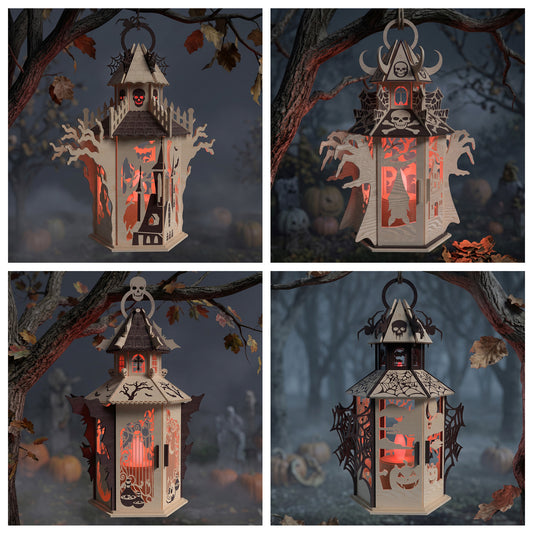 3D Halloween Hanging Lantern Bundle Spooky Haunted House Skull Pumpkin Laser Cut Vector Design for Glowforge Table Decor