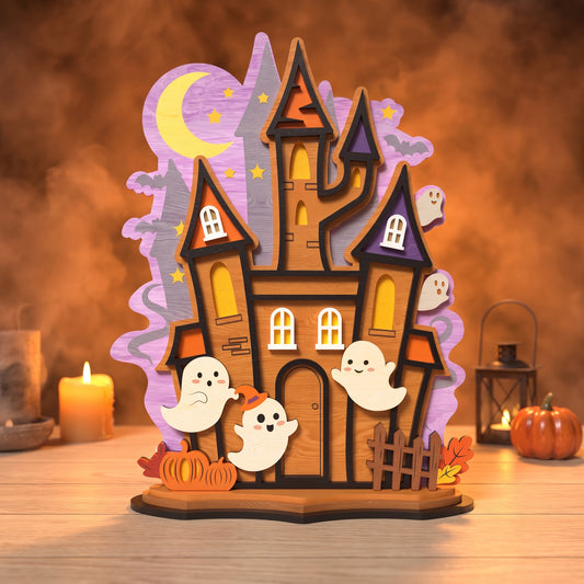 3D Halloween Haunted House Stand Ornament Spooky Ghost Moon Castle Universal Vector Design for All Laser Cutters xTool Glowforge CNC