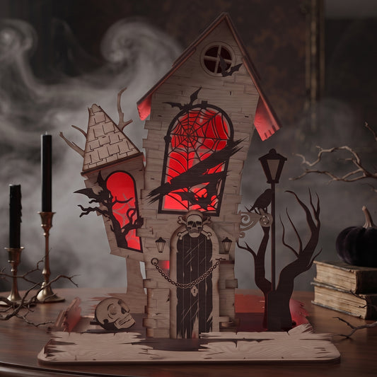 3D Halloween Haunted House Light Box Spooky Skull Vampire Bat Mansion Laser Cut Vector Design for Glowforge Table Decor