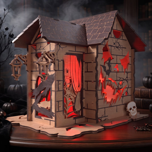3D Halloween Haunted Cabin Light Box Spooky Shingle Roof Castle Laser Cut Vector Design for Glowforge Table Decor