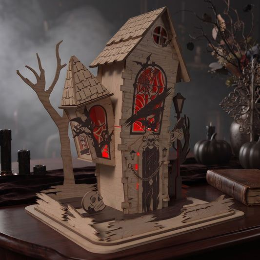 3D Halloween Haunted House Light Box Spooky Skull Vampire Bat Mansion Laser Cut Vector Design for Glowforge Table Decor