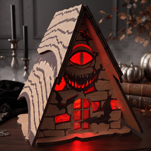 3D Halloween Haunted Cabin Light Box Spooky Creepy Monster Eye Lantern Laser Cut Vector Design for Glowforge Table Decor