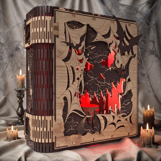 3D Halloween Book Nook Light Box Spooky Castle Spider Web Living Hinge Universal Vector Design for All Laser Cutters xTool Glowforge CNC