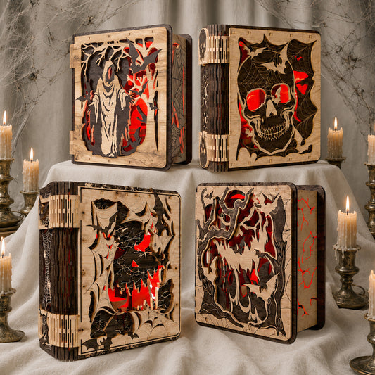 3D Halloween Book Nook Light Box Bundle Spooky Skull Castle Grim Reaper Living Hinge Universal Vector Design for All Laser Cutters xTool Glowforge CNC