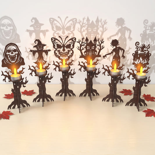 3D Halloween Shadow Projection Tea Light Holder Spooky Tree Witch Skull Bundle Universal Vector Design for All Laser Cutters xTool Glowforge CNC