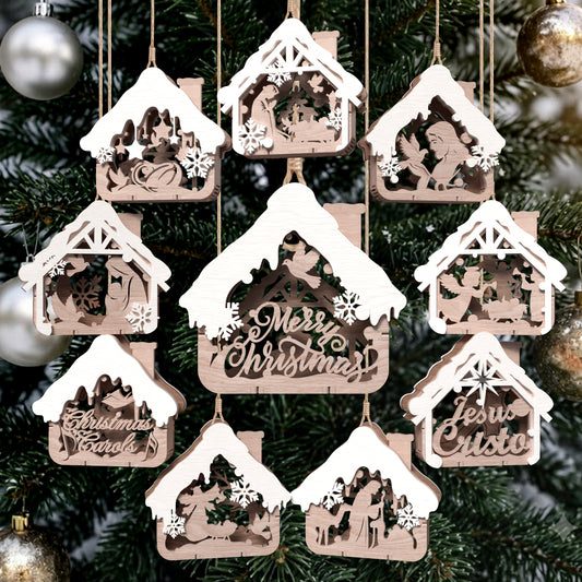House-Shaped Christmas Ornament Laser Cut Bundle, 9 Layered Wooden Holiday Tree Designs