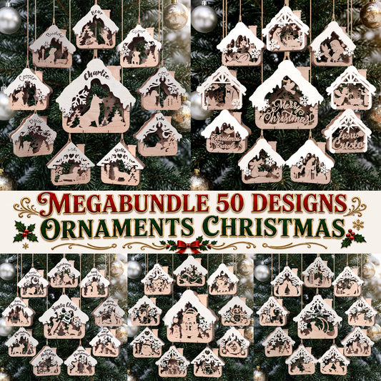 50 House-Shaped Christmas Ornament Laser Cut Bundle, Layered Wooden Holiday Tree Decorations
