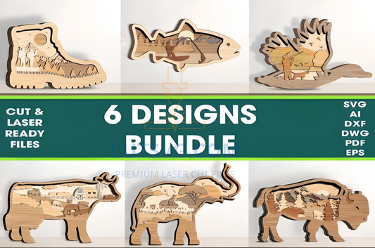Bundle 6 Designs Layered Animal Cut File , Laser Cut Wall Decor 324
