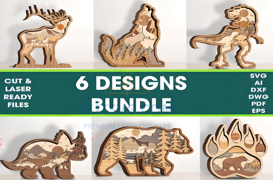 Bundle 6 Design Layered Animal Cut File , Laser Cut Wall Decor 323