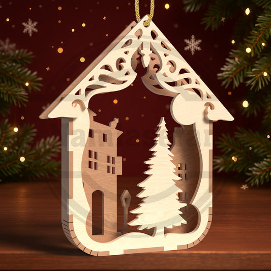 Christmas Layered Ornament SVG Bundle | Winter House Ornament Laser Cut Files | 3D Christmas Tree Decoration SVG for Glowforge, xTool & LightBurn