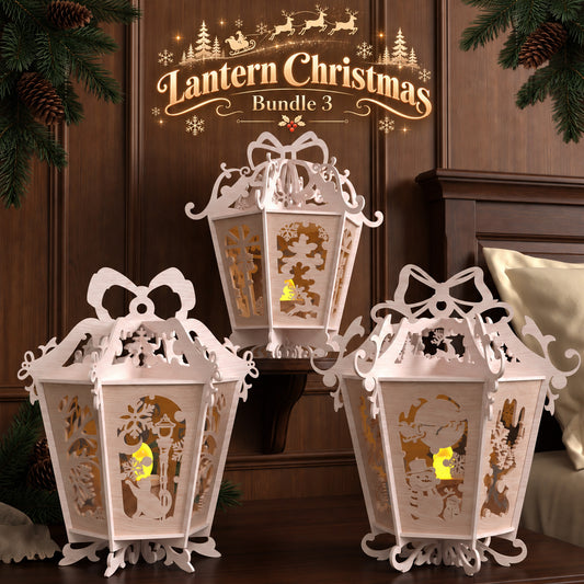 Christmas Lantern Laser Cut Bundle, 3 Wooden LED Holiday Lantern Table Decor Digital Designs